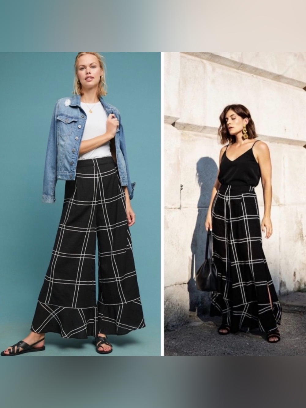 Black Wide Leg Ruffle Hem Pants with White Windowpane Check